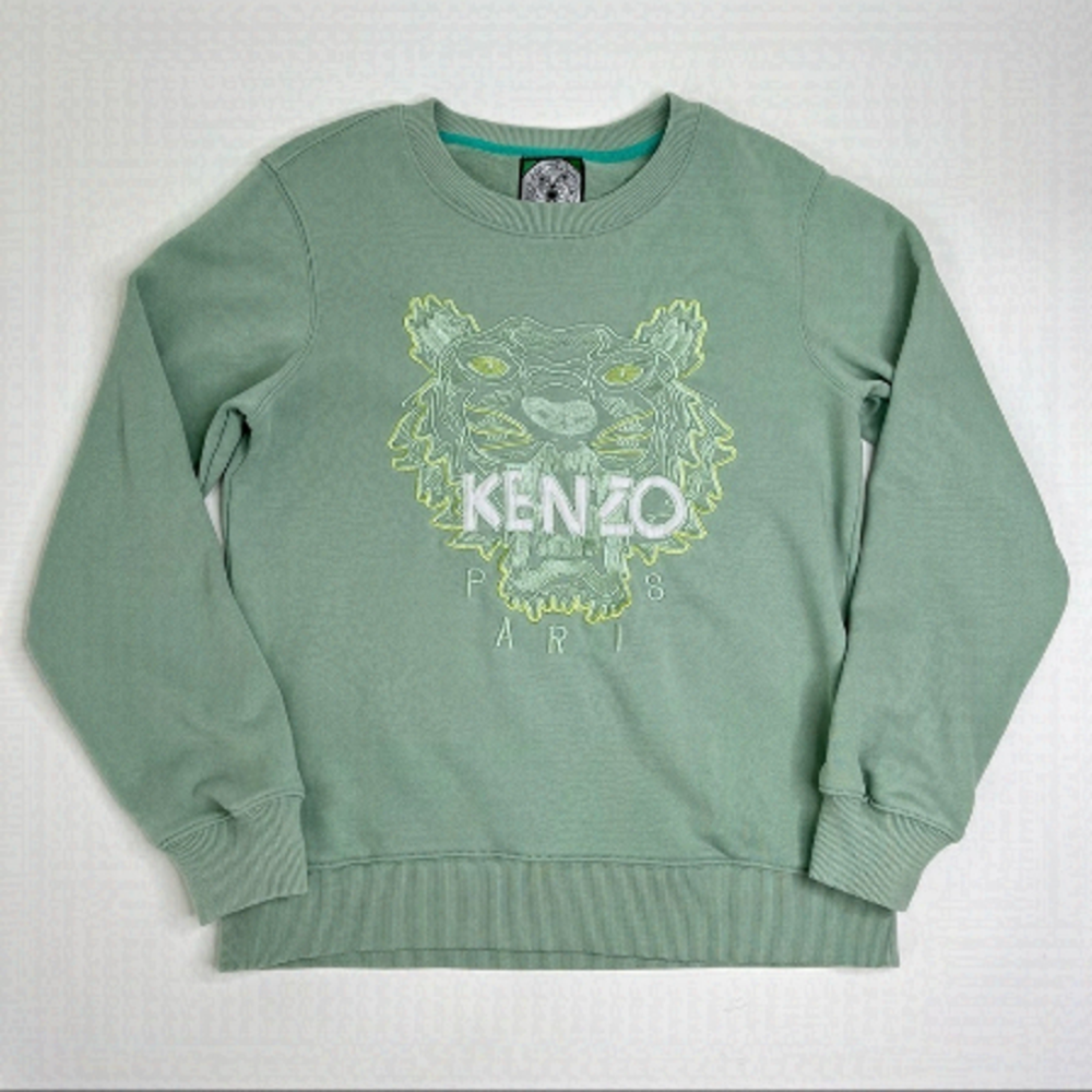 RARE Kenzo Paris Tiger Mint Green Embroidered Organic Terry Crewneck Sweater